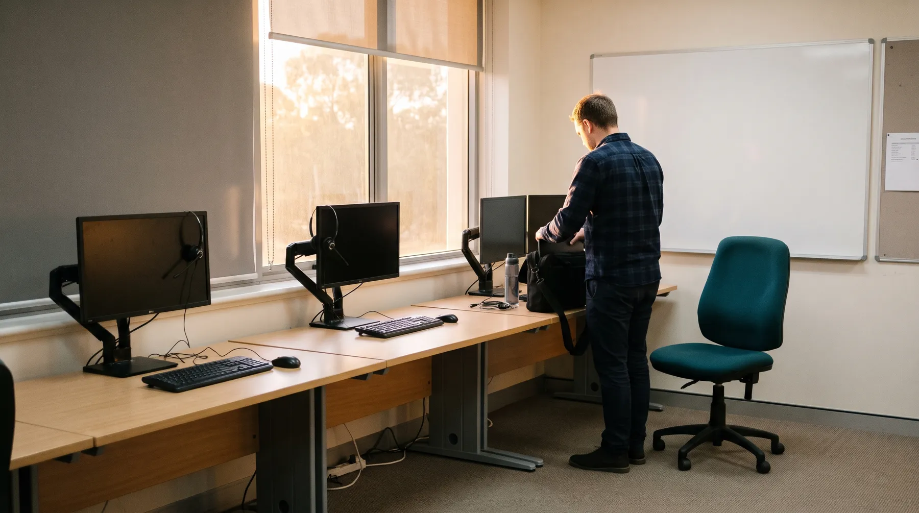 A quiet service desk with an empty teal chair beside a technician packing up.