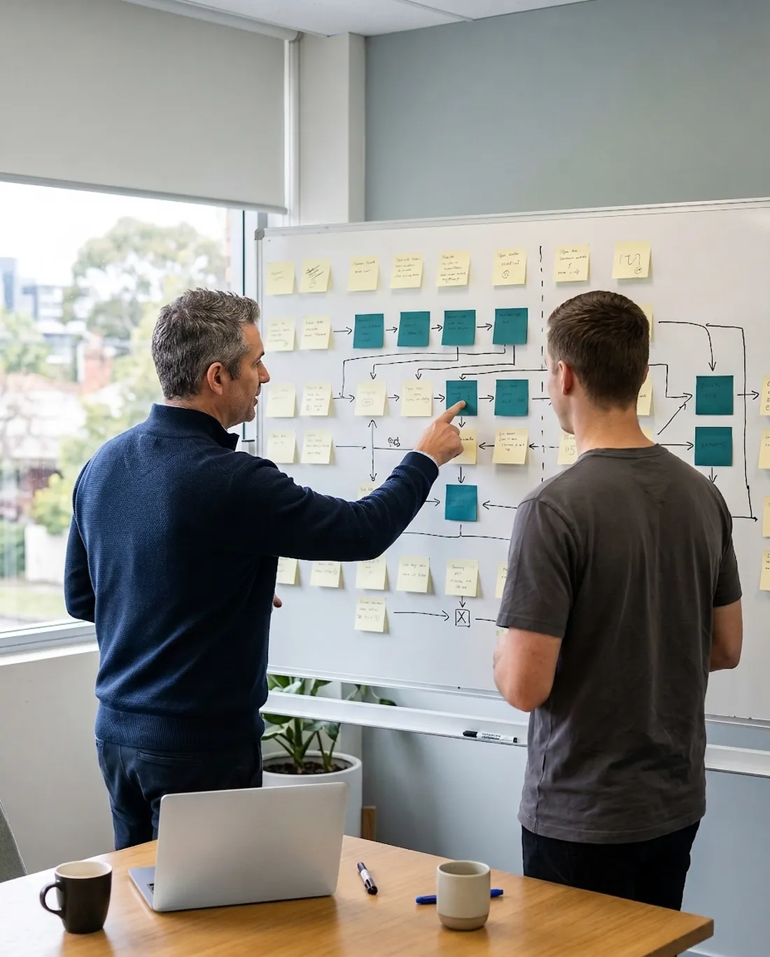 An MSP owner and a technician mapping a ticket flow with sticky notes on a whiteboard.